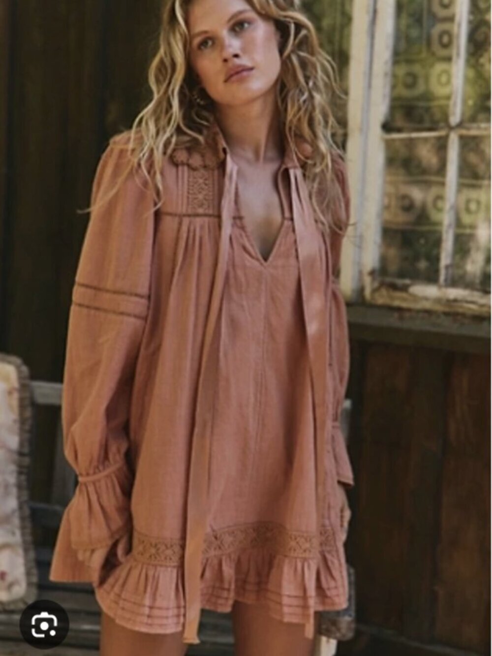 Free People | 5 O'Clock Tea Time Mini Dress Tie Neck Lace Ruffle Babydoll Size S - Picture 14 of 14